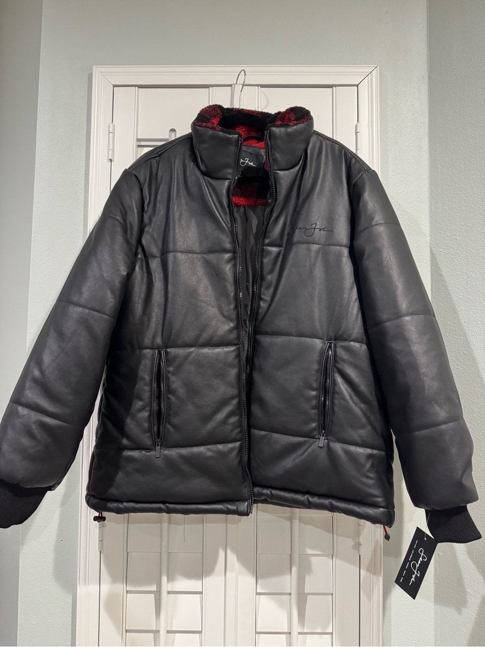 Sean John Black Puffer Jacket with Red Sherpa Trim